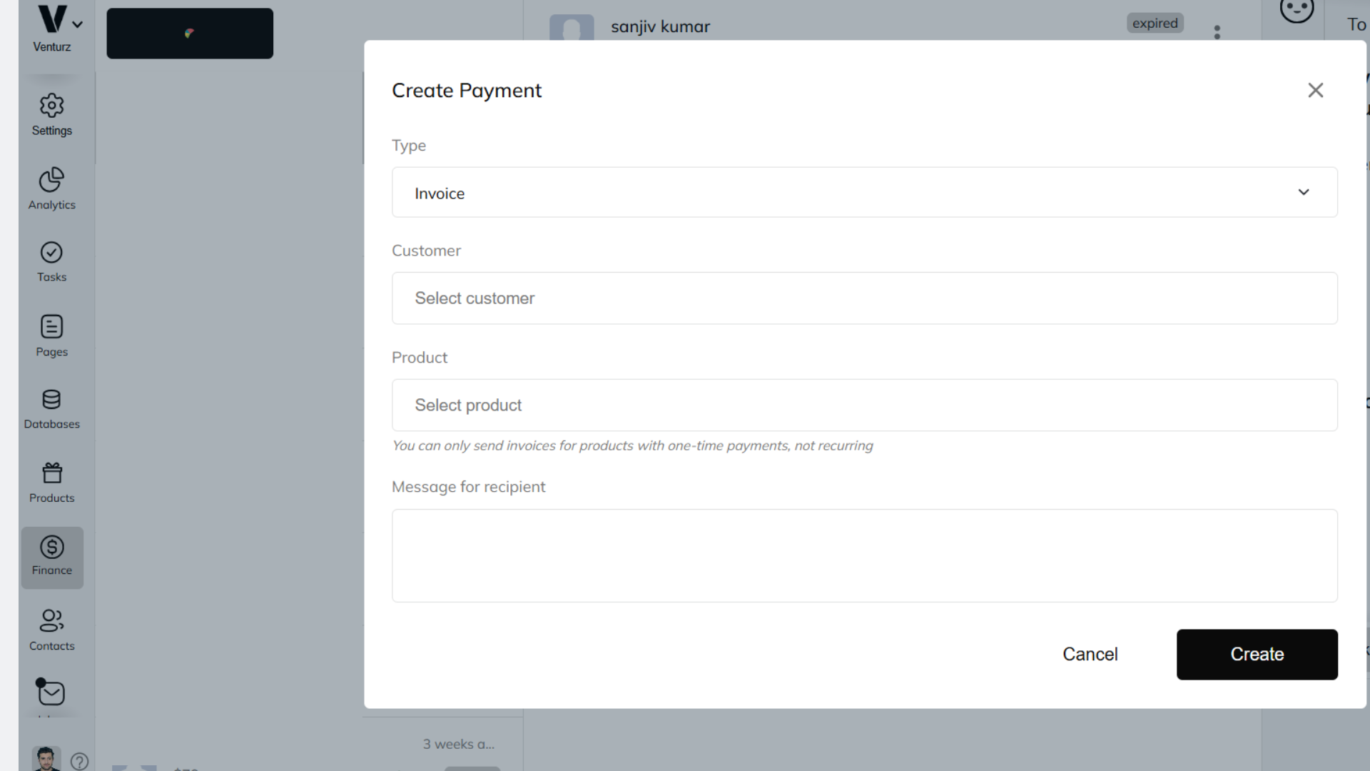 An image showing the option to create payments and send invoices in the Venturz finance dashboard