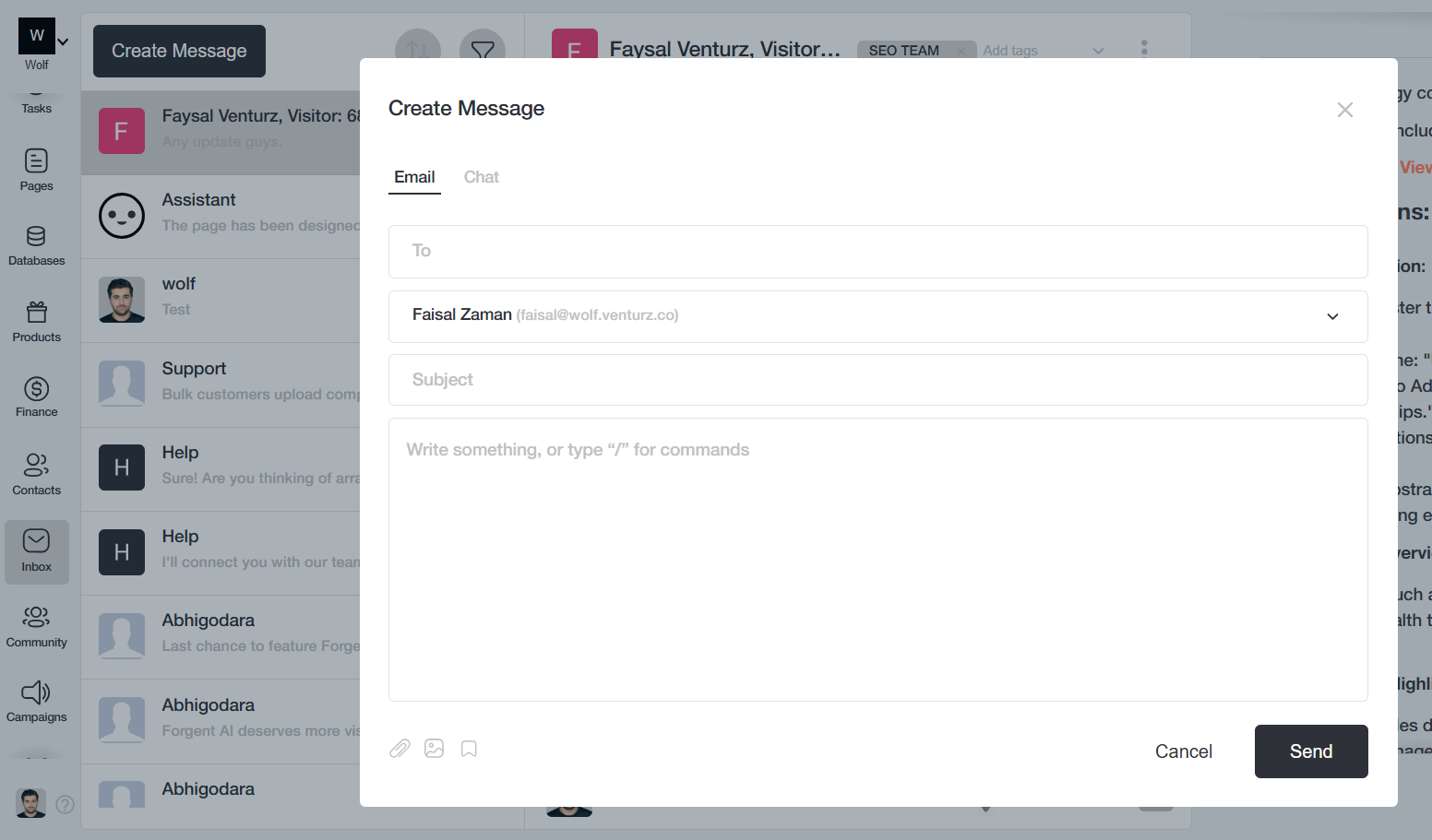 An image showing the option to create and send email in venturz inbox feature