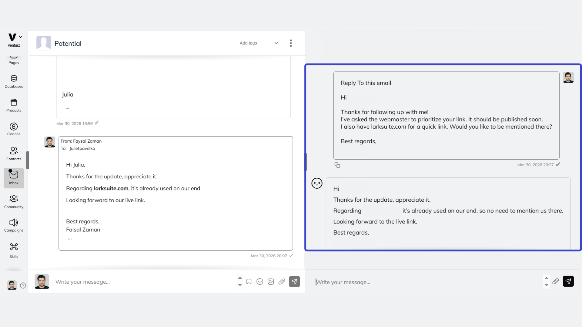 An image showing the option to reply messages and emails with AI assistant on Venturz