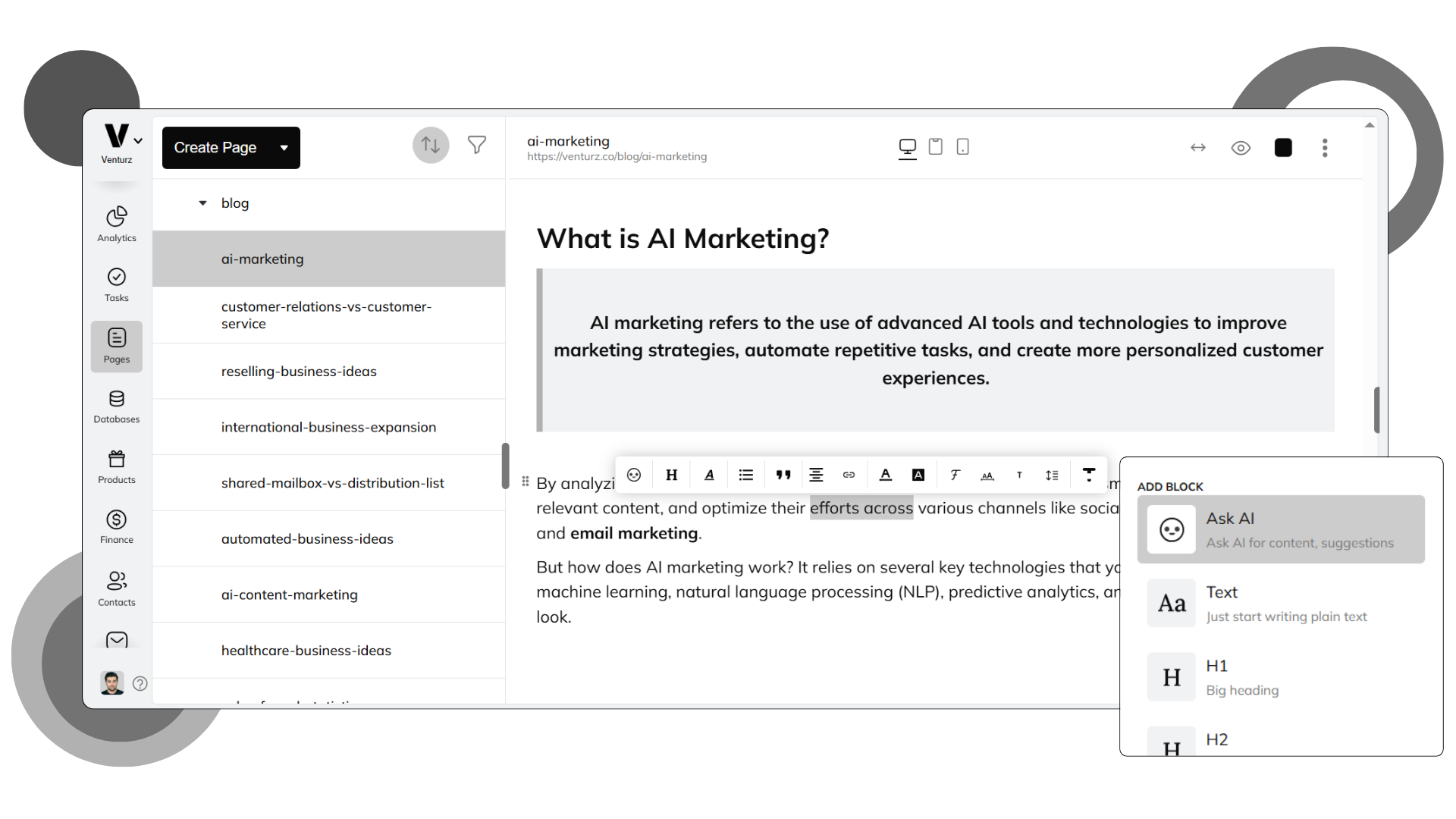 An image showing the Venturz website builder dashboard.