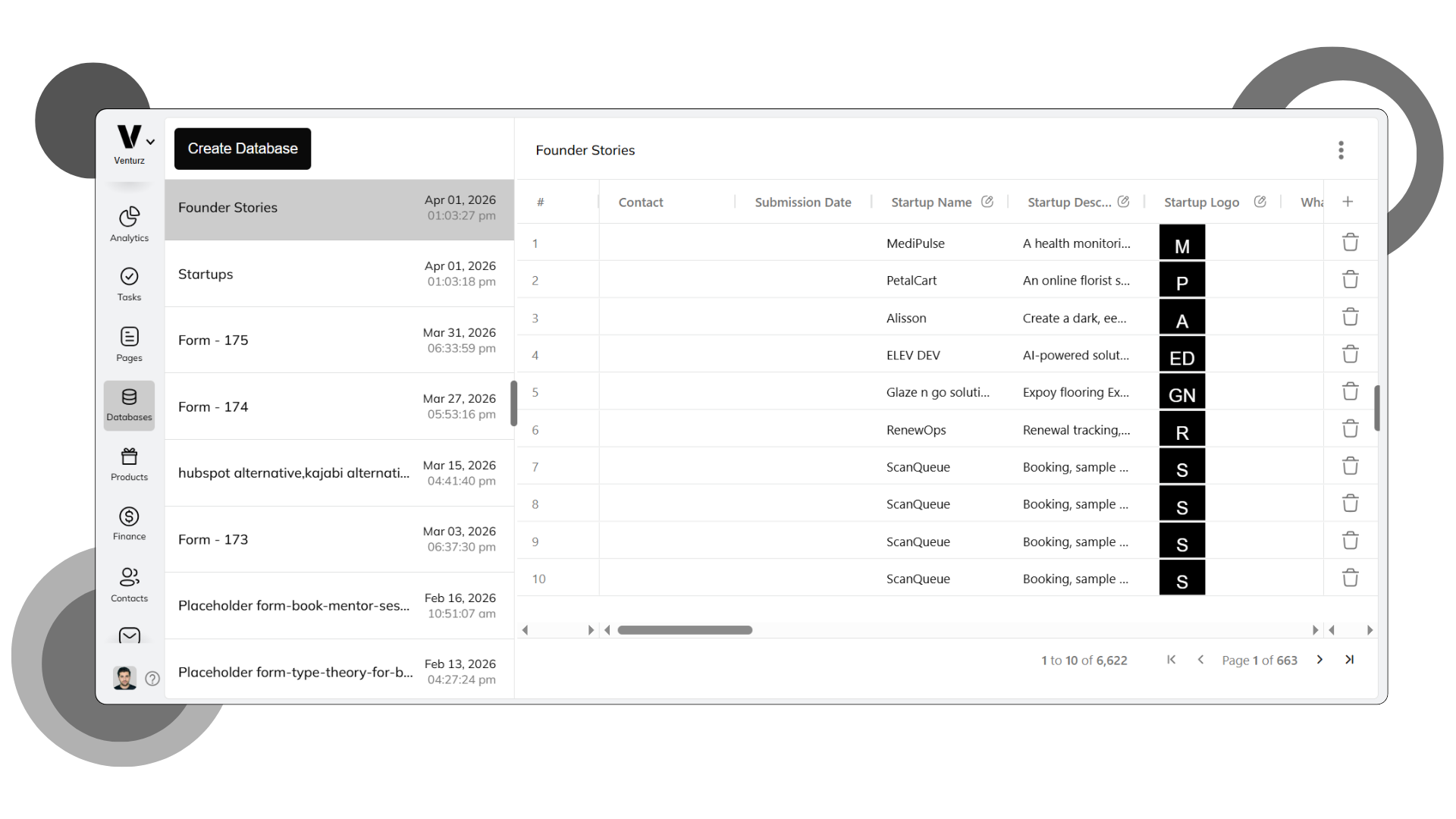 An image showing Venturz online database software dashboard.