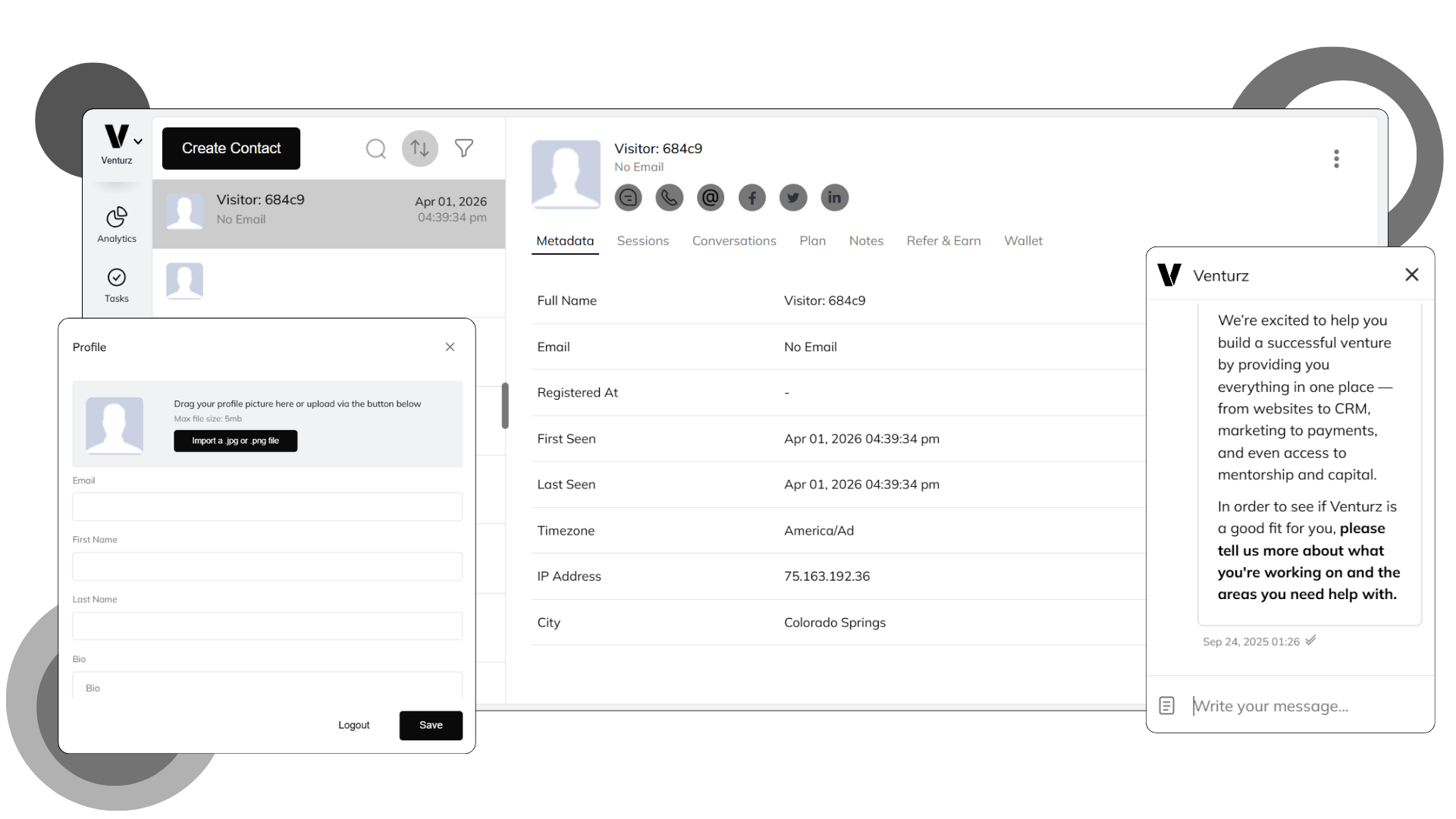 An image showing the Venturz CRM dashboard.