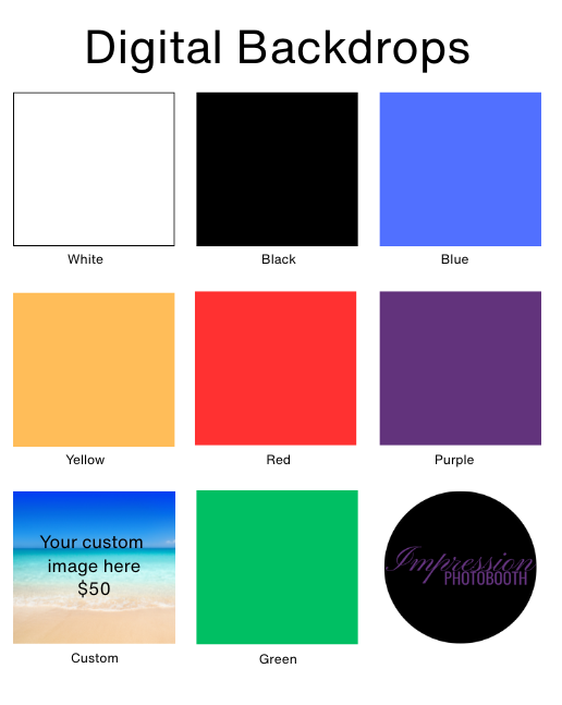 Digital backdrop options: White, Black, Blue, Yellow, Red, Purple, Green or Custom for $50