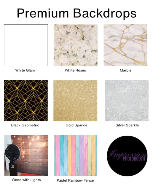 Premium Backdrop hire options: White Glam, White Roses, White Marble, Black & Gold Geometric, Gold Sparkle, Silver Sparkle, Wood with Lights and Pastel Rainbow Fence