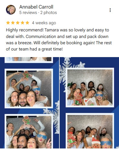 5 star review featuring photo strip & guests enjoying their party in Brisbane