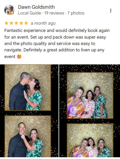 5 star review featuring photo strip & guests enjoying their party in Brisbane